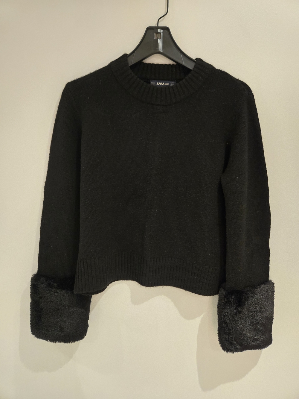 Zara Black Crewneck Sweater with Faux Fur Sleeve Cuffs